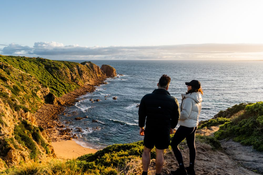 Two people stand on a grassy cliff overlooking the ocean