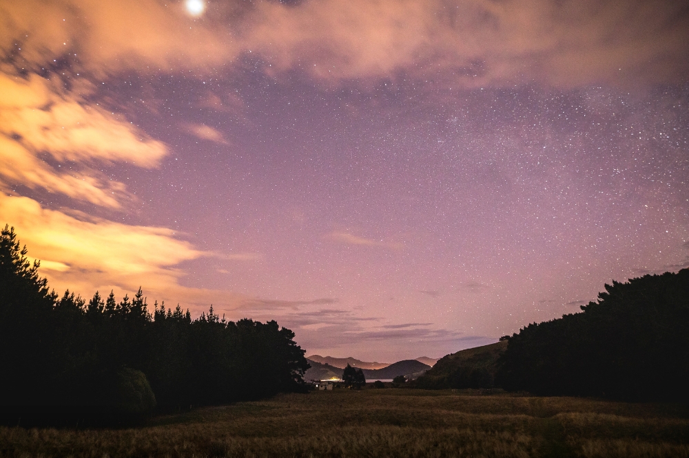 A glowing purple night sky covered in glowing stars