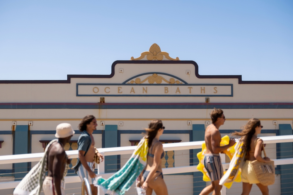 Friends enjoy a dip at Newcastle Ocean Baths, Newcastle