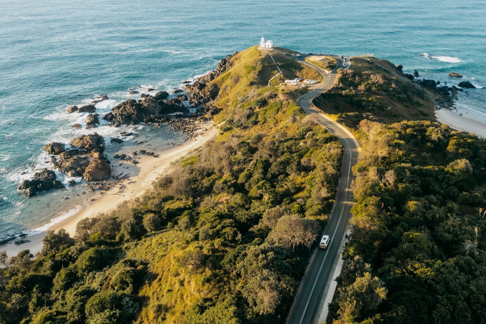 Aerial view of Tacking Point and the road leading to the lighthouse in Port Macquarie.