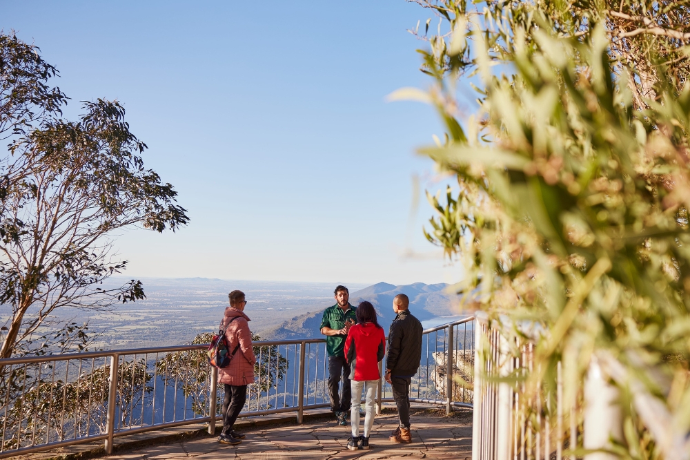 People stand at a lookout overlooking large green hills