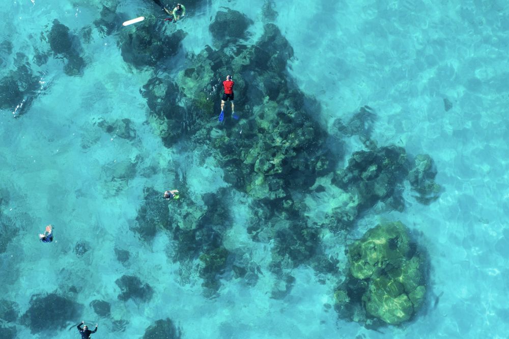People snorkel in clear blue water on a reef